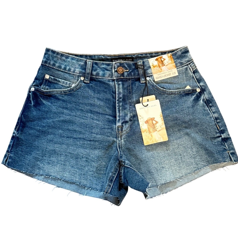 Sincerely Jules Womens High Rise A-Line Denim Shorts Blue Raw Hem Size 3/26 NEW